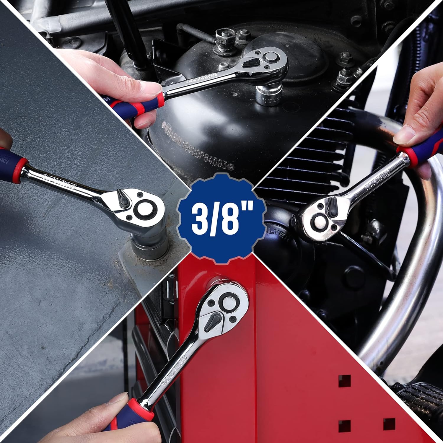 Ratchet wrench in use on a vehicle engine bay, 3/8-in drive socket end.