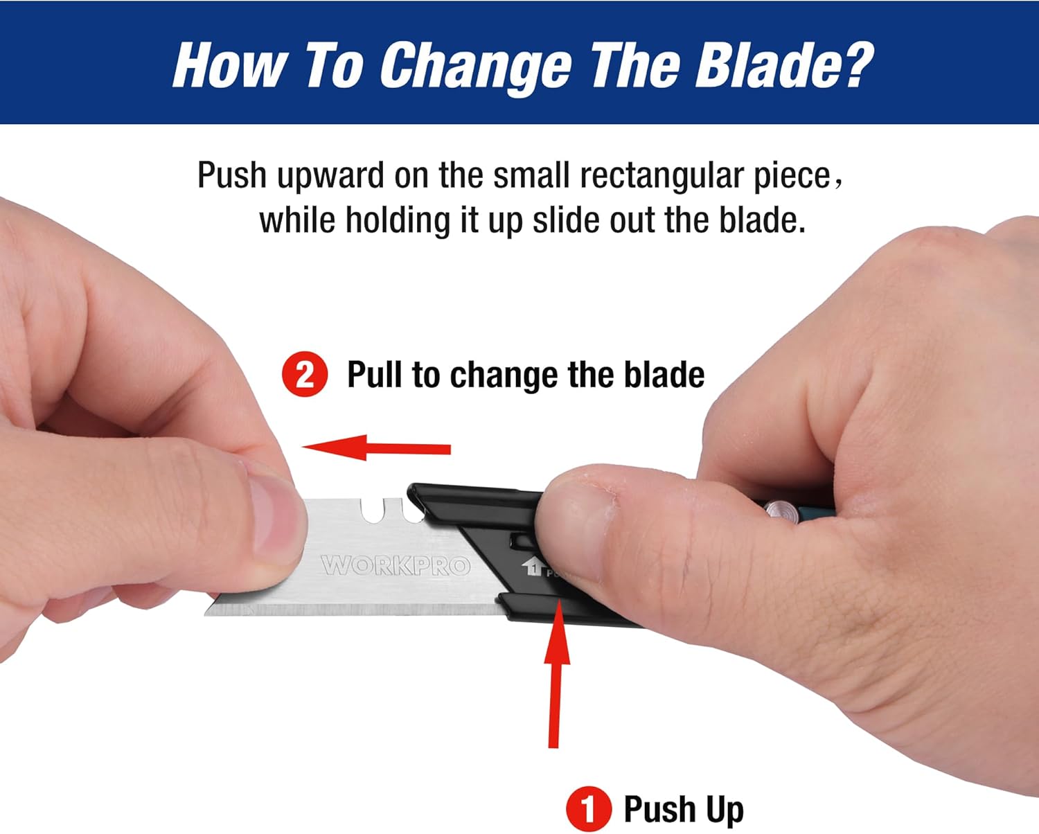 Hands operating a folding utility knife blade change mechanism with push and pull steps.