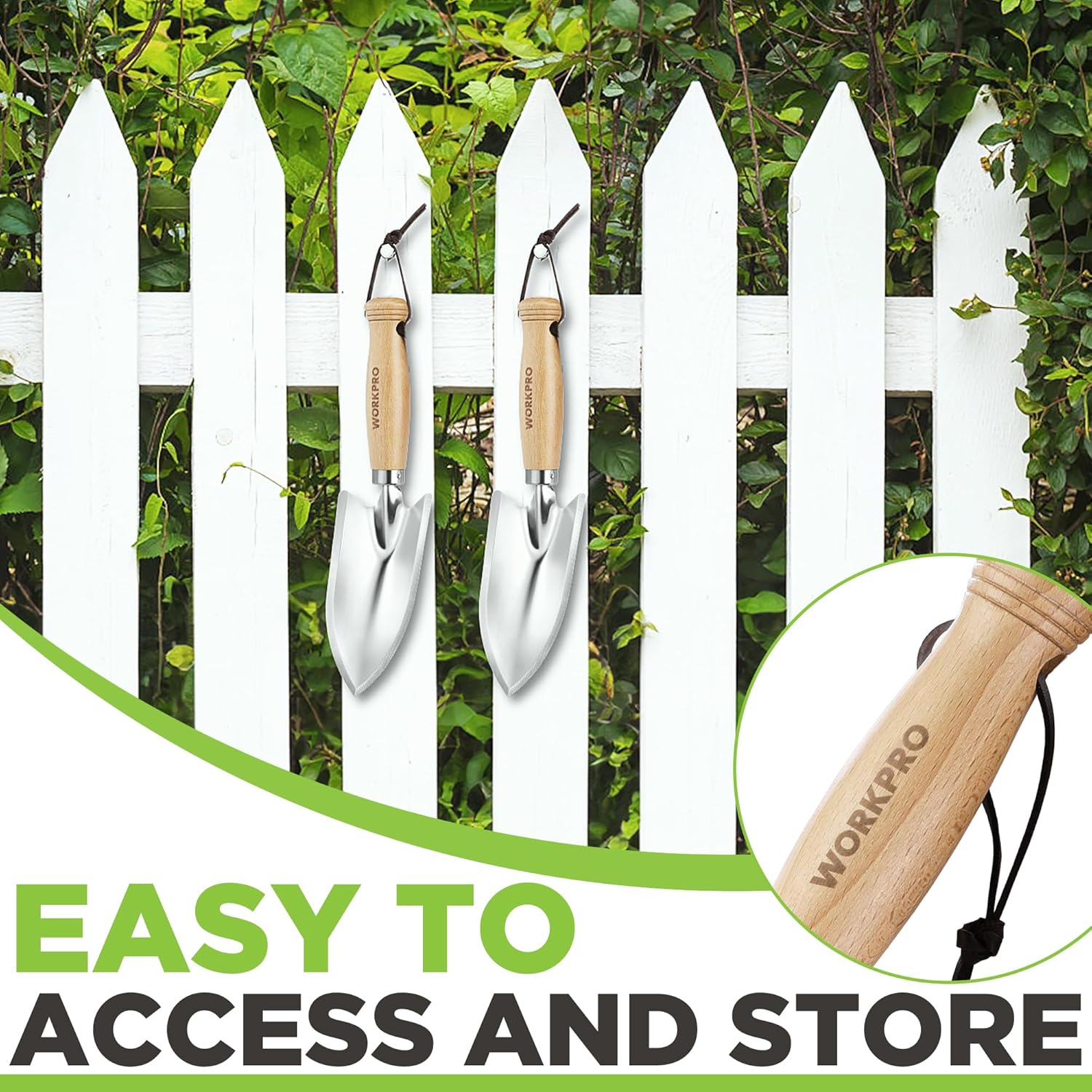 Garden hand trowel lineup with polished stainless steel blades and wooden handles with lanyards