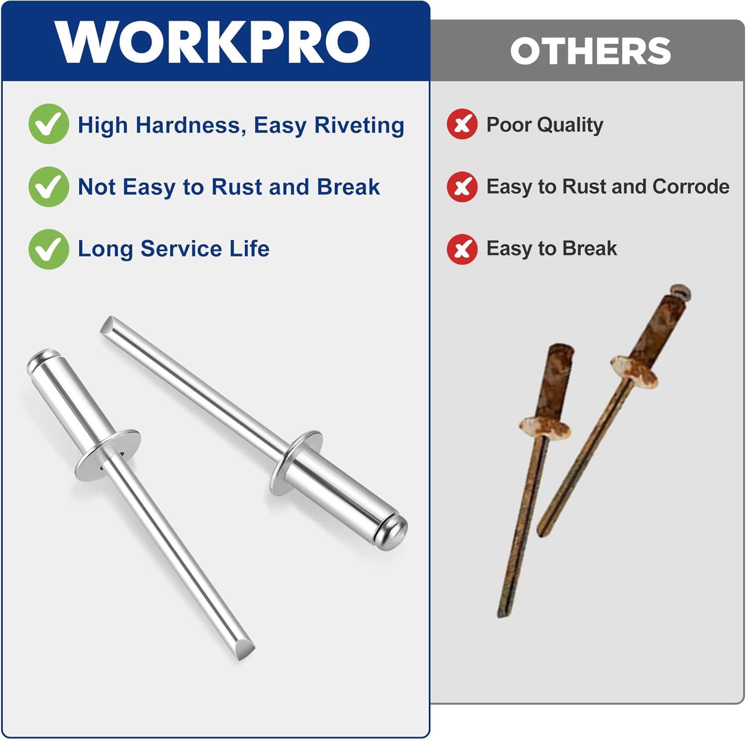 Aluminum blind rivets, silver mandrel and head pieces in comparison layout