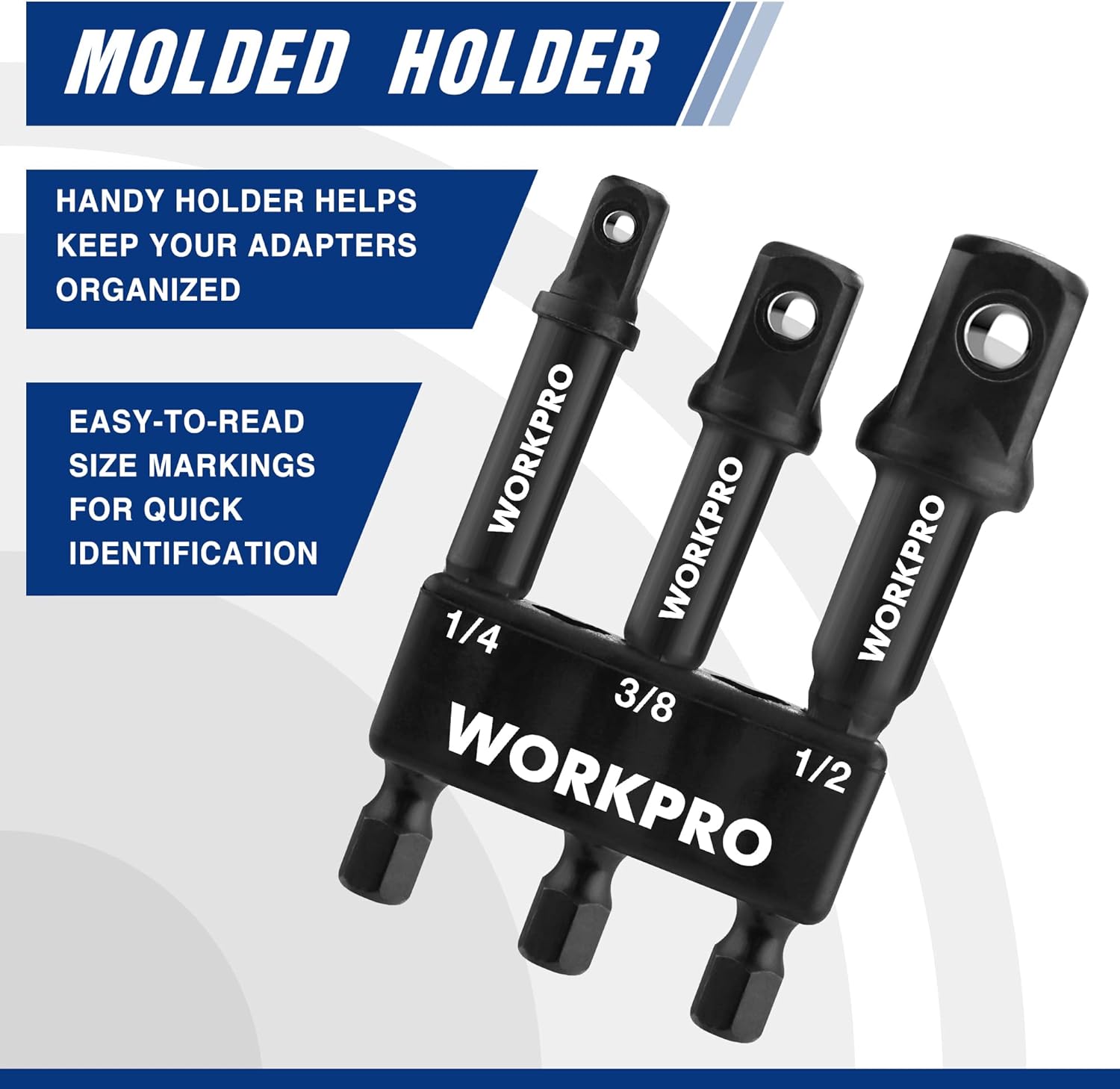 Socket driver adapters with molded holder, sizes 1/4, 3/8, and 1/2 markings