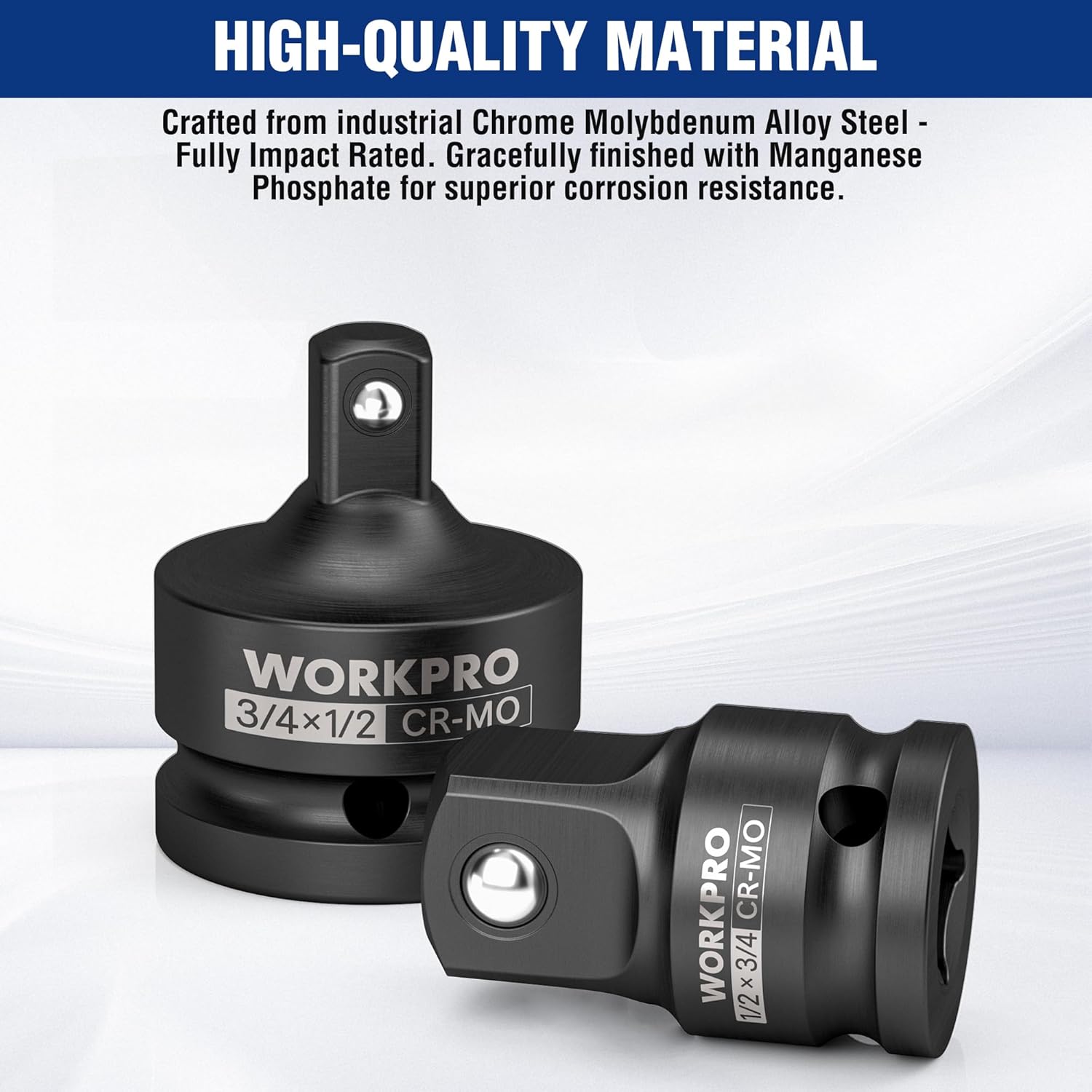 CR-Mo impact socket adapter, black reducer with square drive, marked 3/4 in x 1/2 in