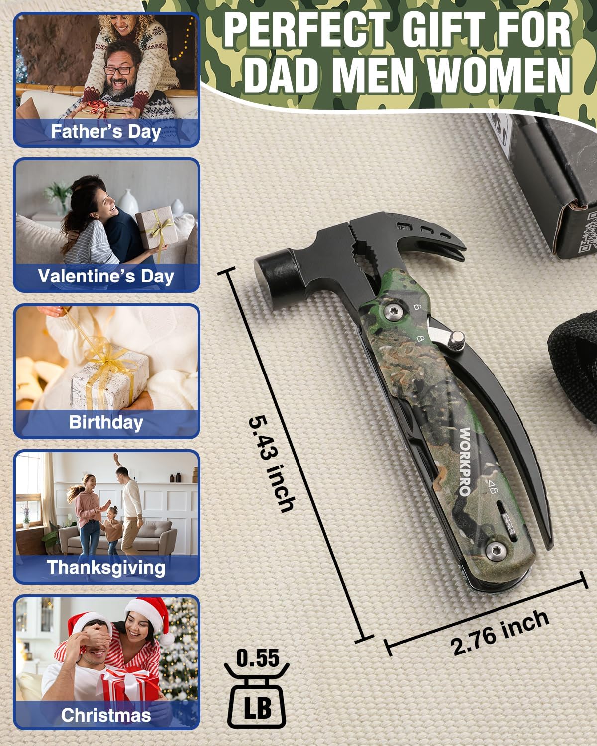 WORKPRO 12-in-1 multitool with mini hammer, camouflage handle, size dimensions shown