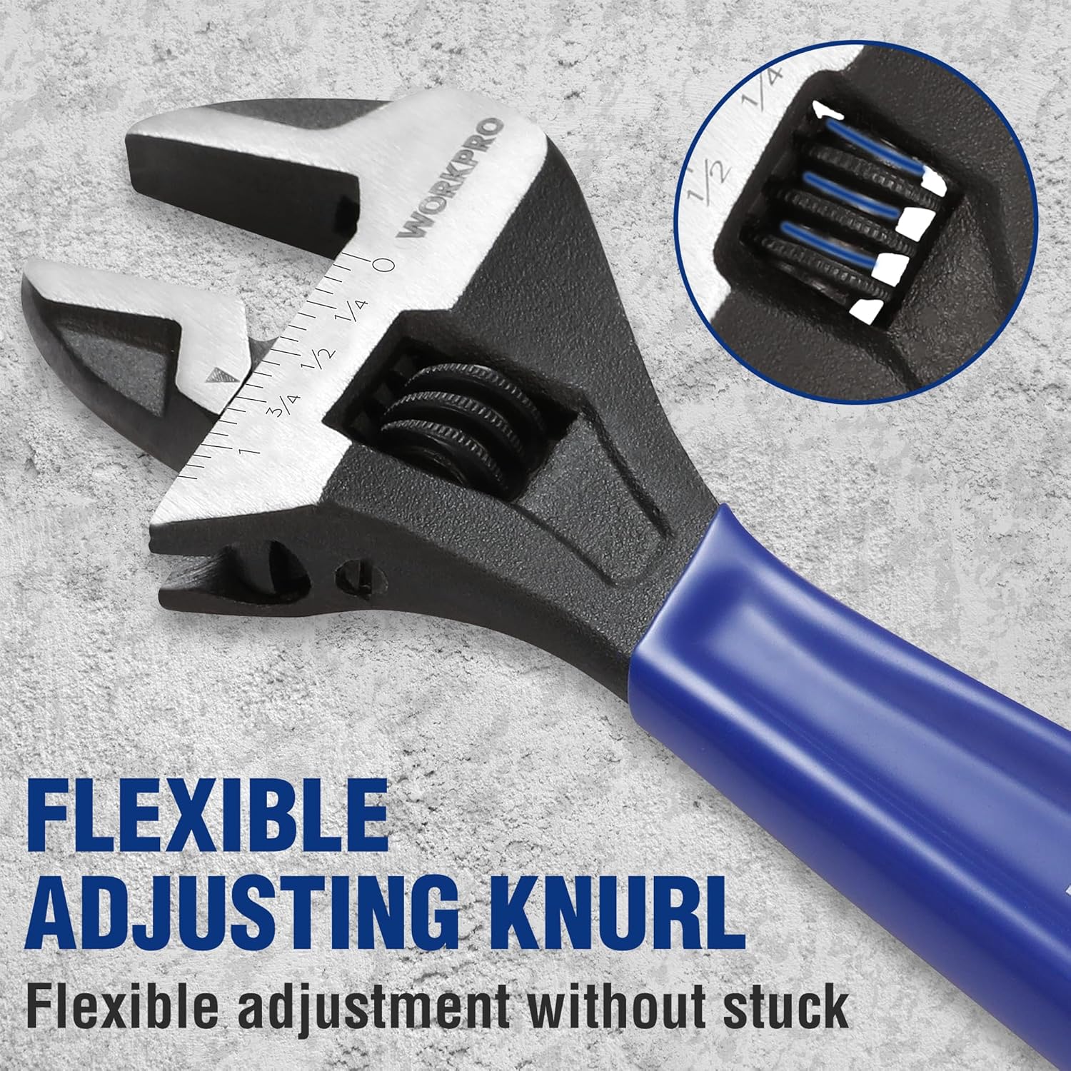 Adjustable wrench with flexible knurling adjuster and blue handle, close-up