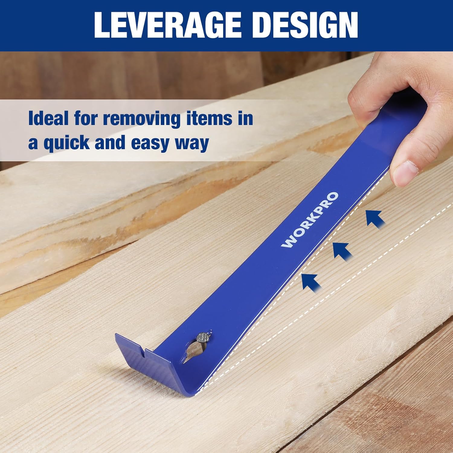 Blue pry bar tool positioned along a wood board edge for leverage