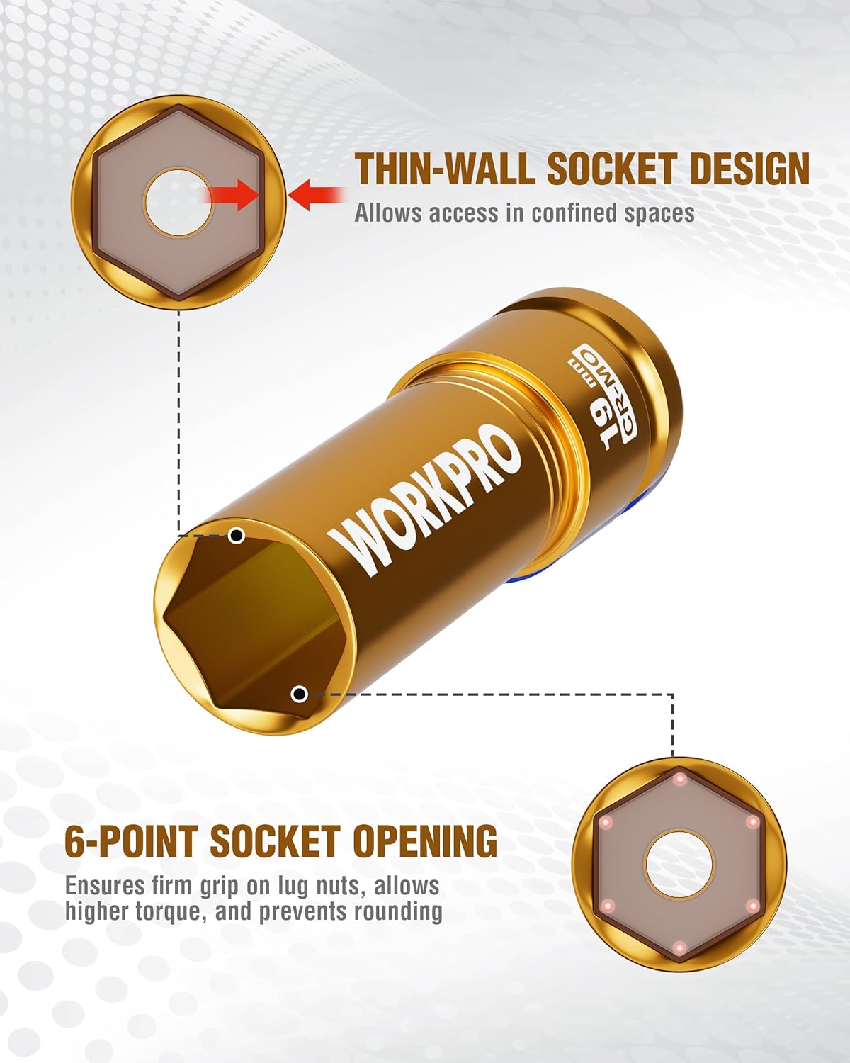 19mm thin-wall lug nut impact socket with 6-point socket opening