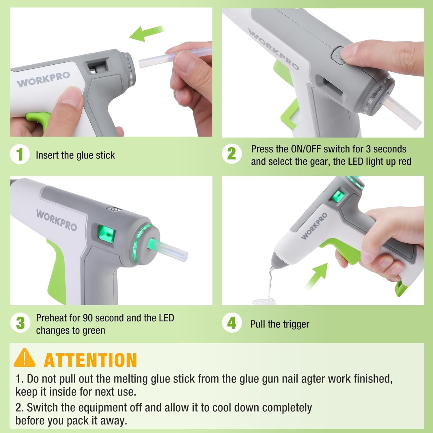 Cordless hot glue gun showing on/off switch and green LED indicator with mini glue stick
