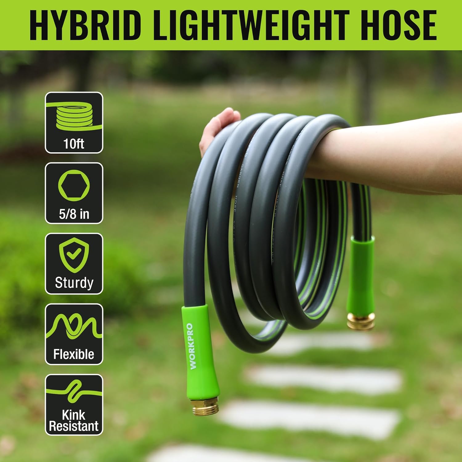 Coiled garden hose with green handle and brass connector, dark gray tube