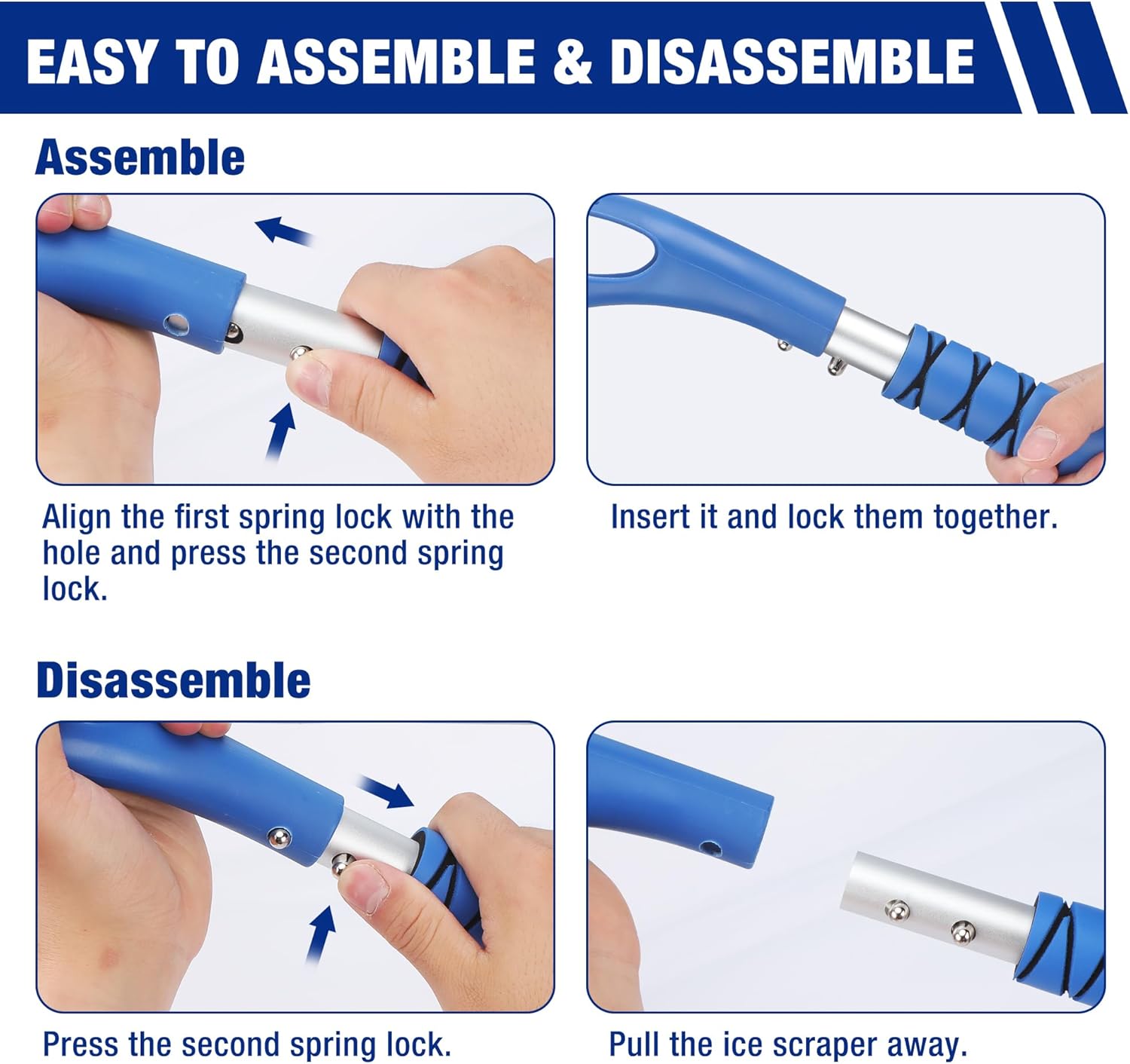 2-in-1 snow brush and ice scraper with spring-lock assembly and disassembly parts