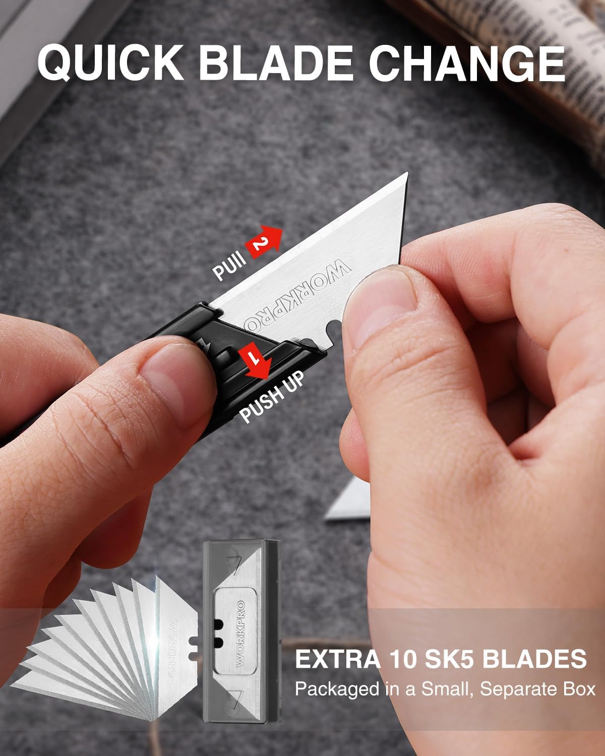 Folding utility knife with quick blade change and extra SK5 replacement blades