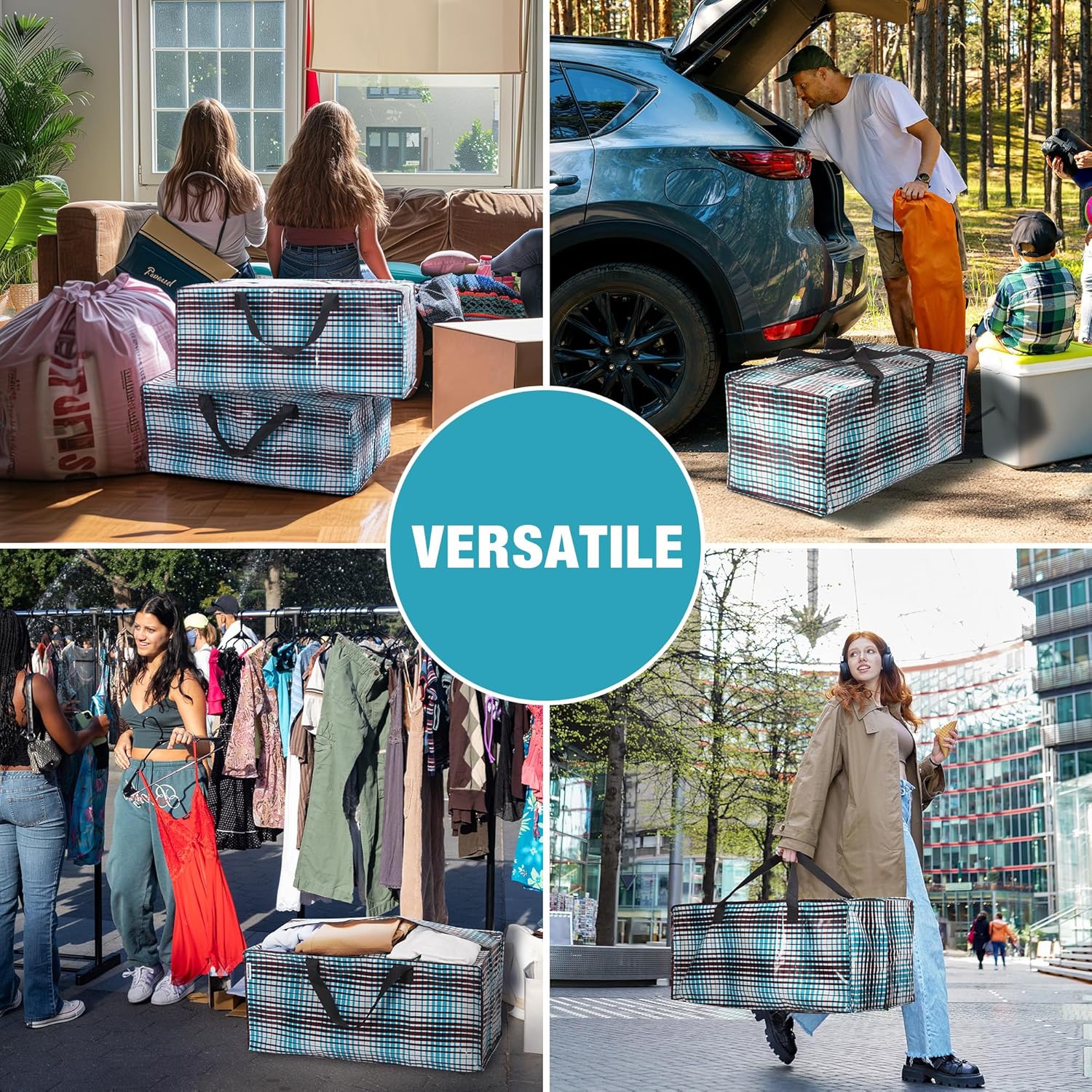 Plaid moving storage totes in different scenes, each with zipper and carry handles