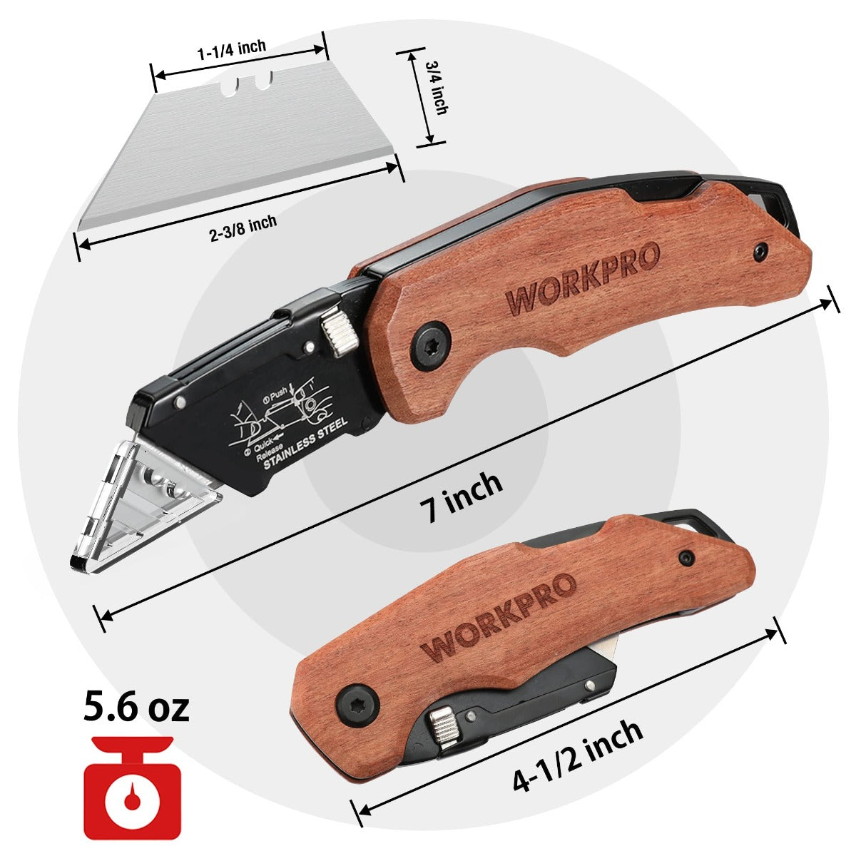 Folding utility knife with wooden handle and black blade, 7-inch size