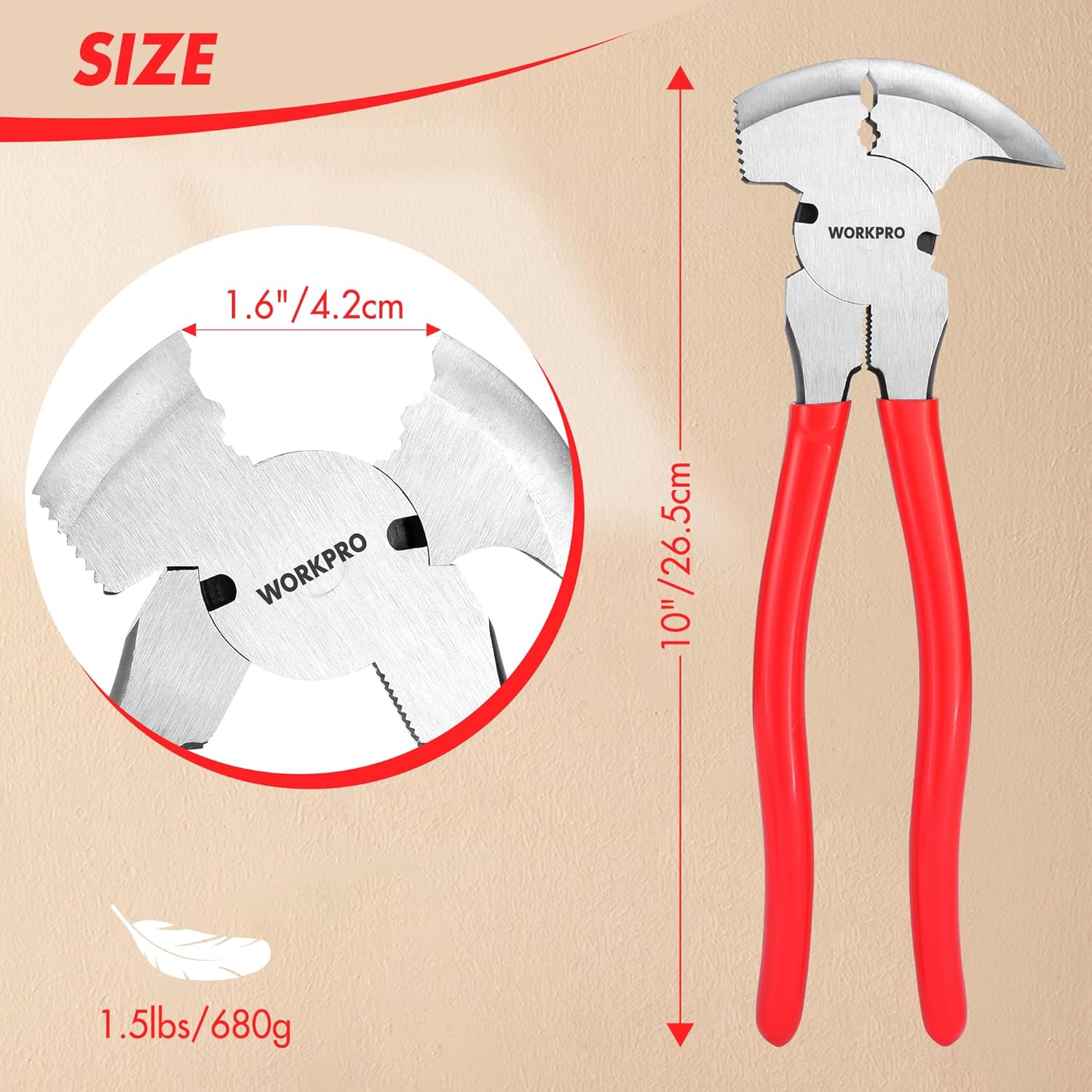 10-inch fencing pliers with red non-slip handles and serrated steel cutting jaws