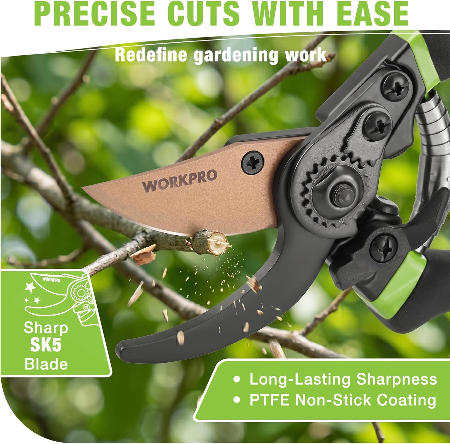 Bypass pruning shears close-up with tan blade and black pivot mechanism, green handle accents
