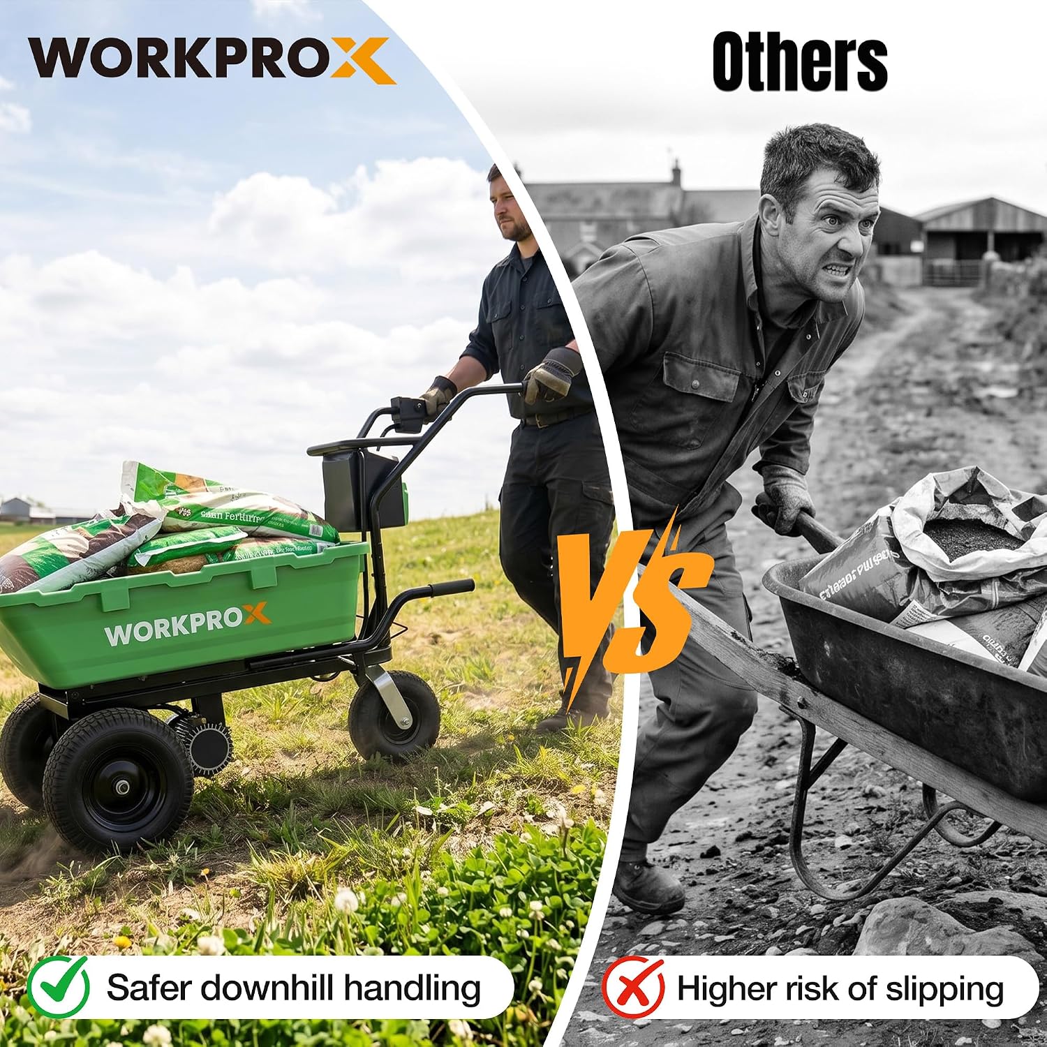 WORKPROX electric wheelbarrow comparison view with green bin and black handle frame