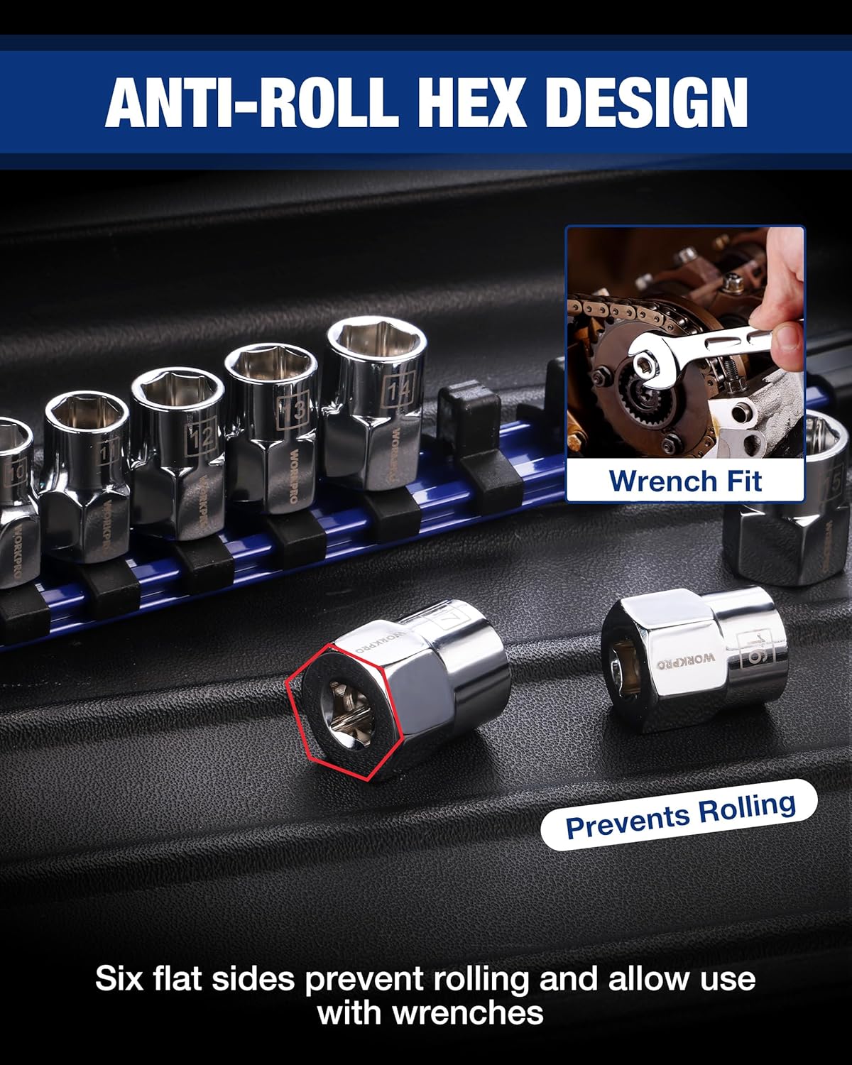 Anti-roll hex design 3/8 in drive sockets with six-point grip and wrench fit
