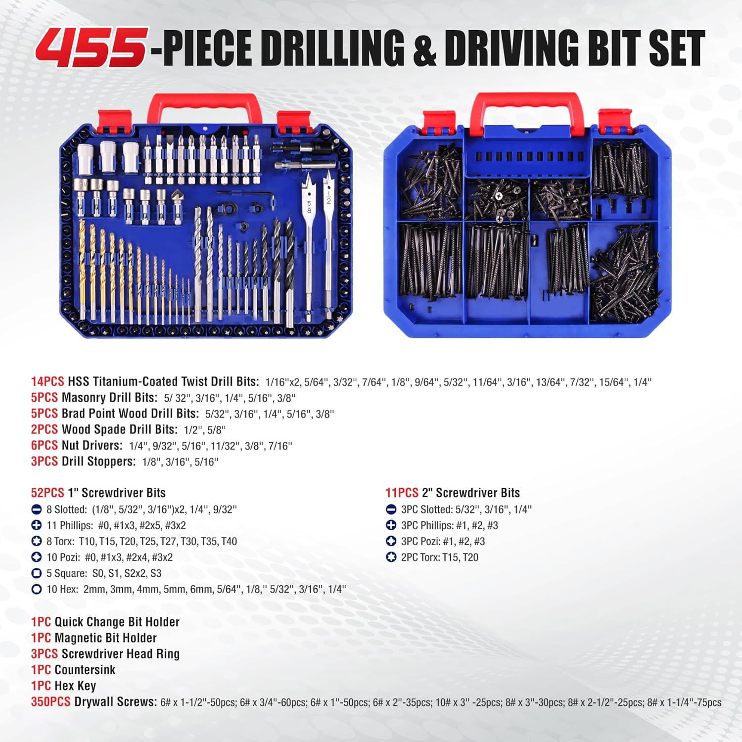 Open drill and driver bit set with assorted bits and magnetic holder in blue case