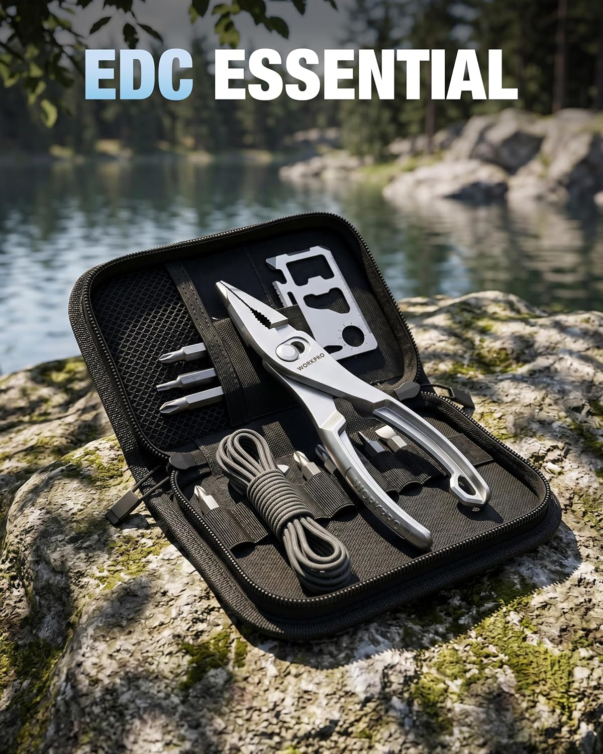 Long nose slip joint pliers set in a black zippered EDC tool case