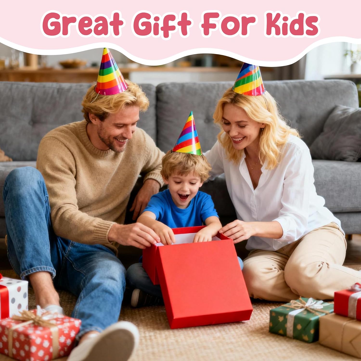 Kids gift display with colorful party hats, red gift box, and wrapped presents on couch