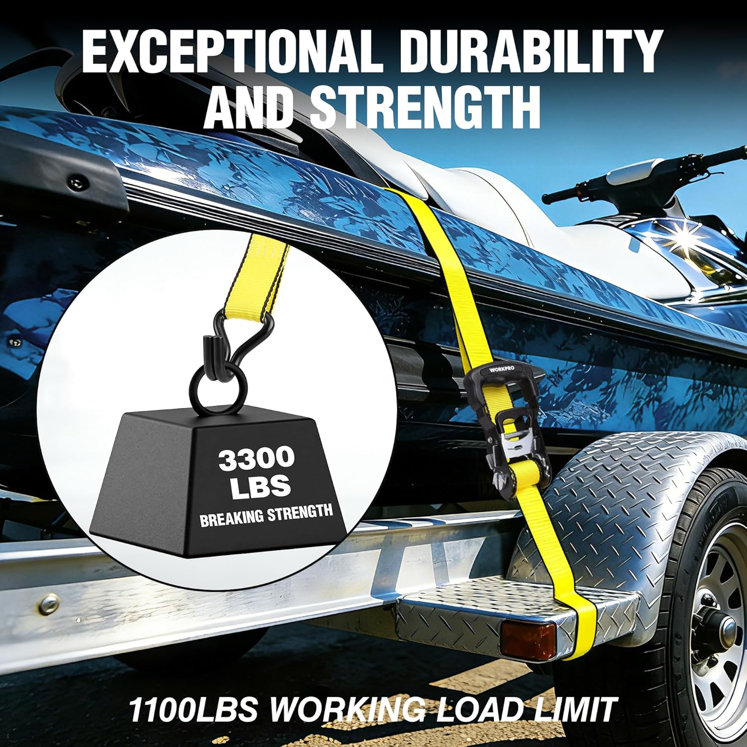 WORKPRO ratchet tie down strap, yellow webbing with black ratchet and J-hook end