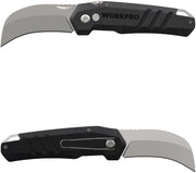 WORKPRO folding knife with gray blade and black textured handle, lanyard hole