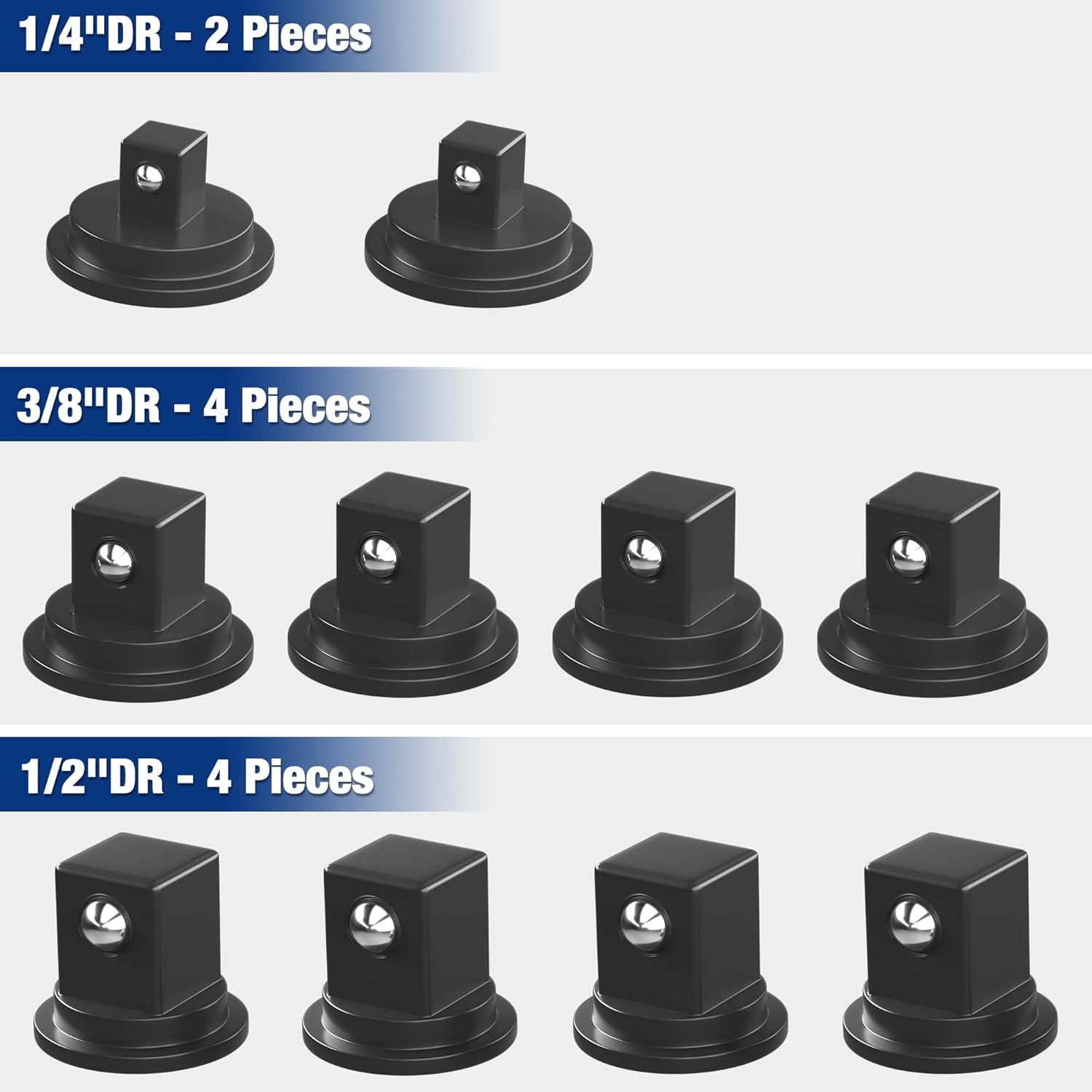 Black drive socket clips with bolt holes, assorted set sizes
