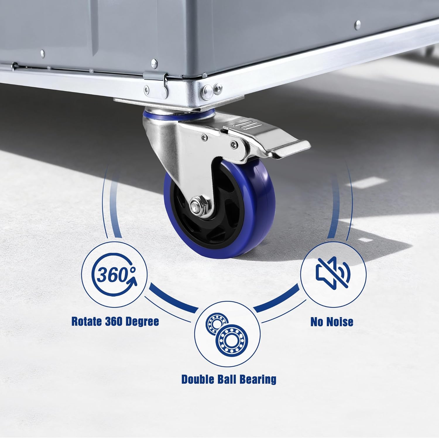 Swivel caster with brake, blue PU wheel, 360-degree swivel base, steel frame