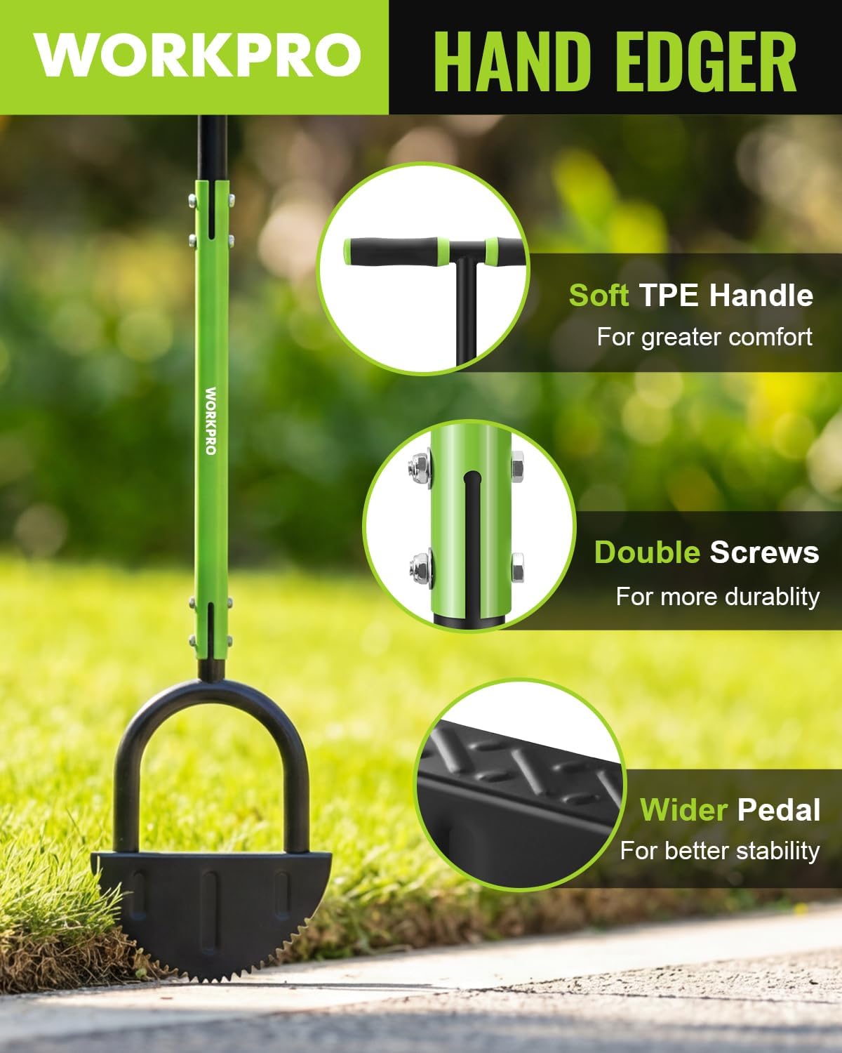WORKPRO hand lawn edger with green-and-black handle and wide black pedal