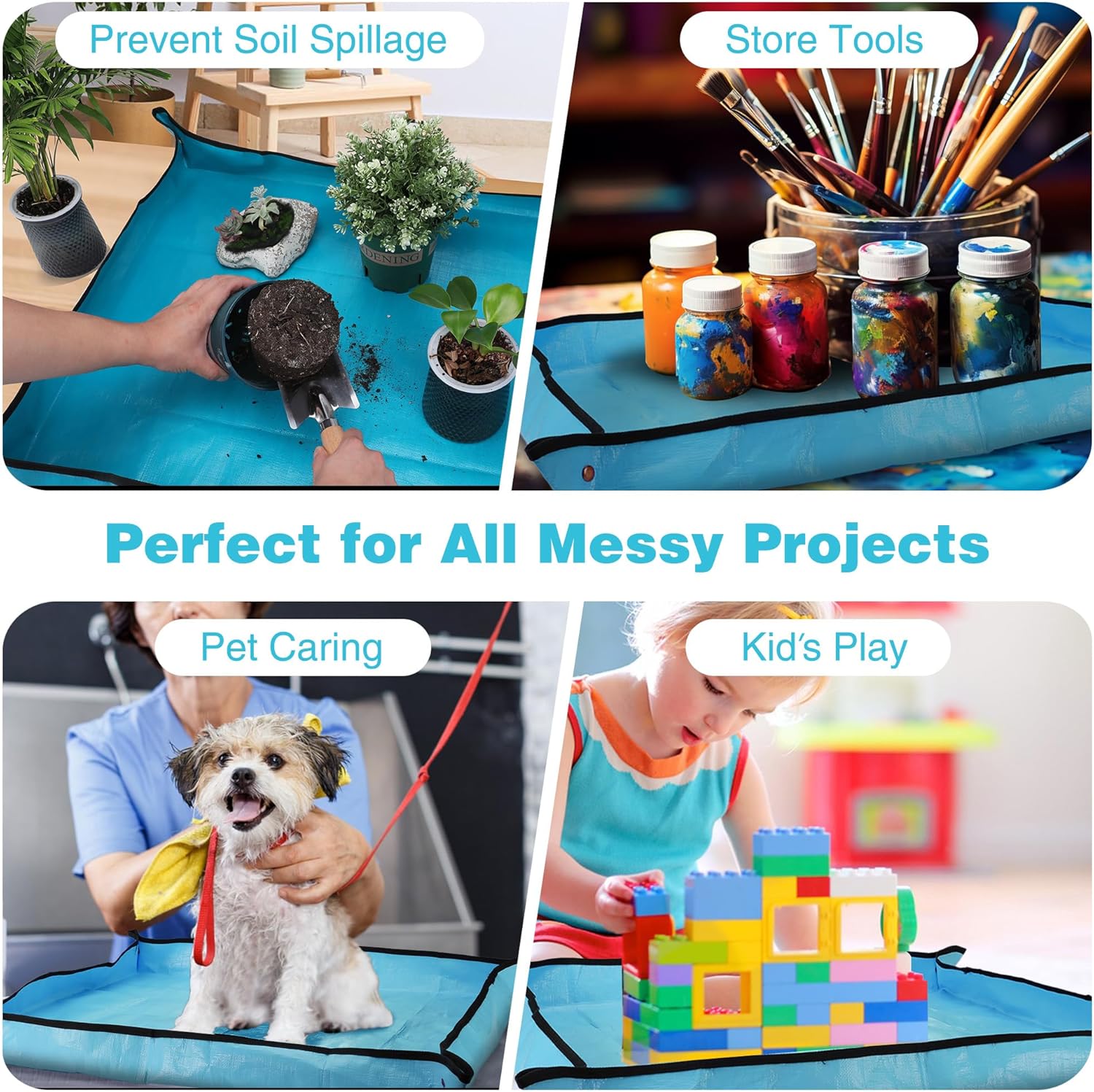 Turquoise repotting mat for messy projects, helping prevent soil spills and splashes