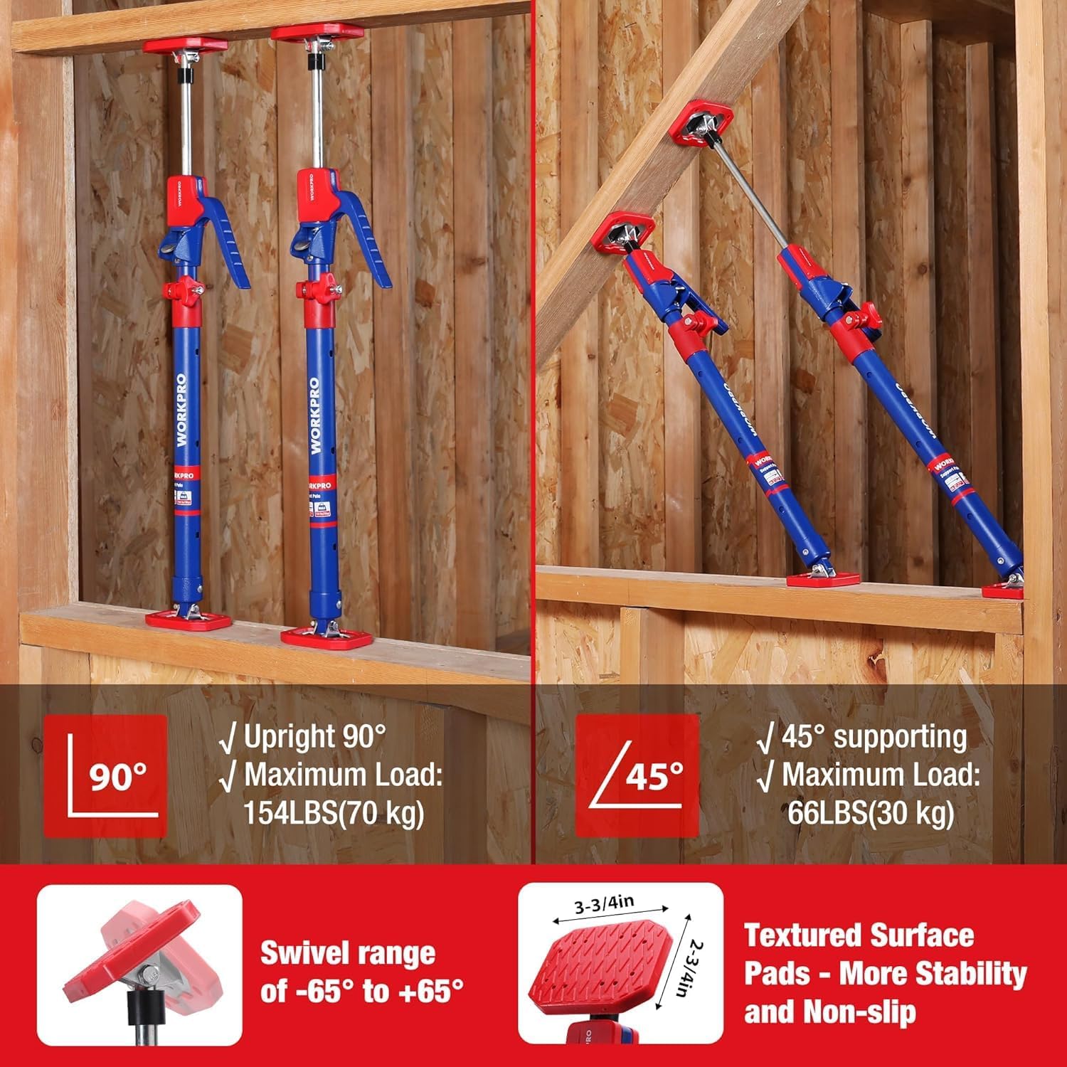 Two blue steel telescopic support poles with red bases and top support pads