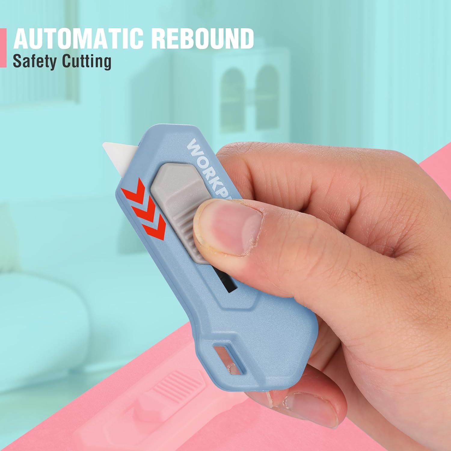 Blue automatic rebound safety box cutter with retractable blade mechanism