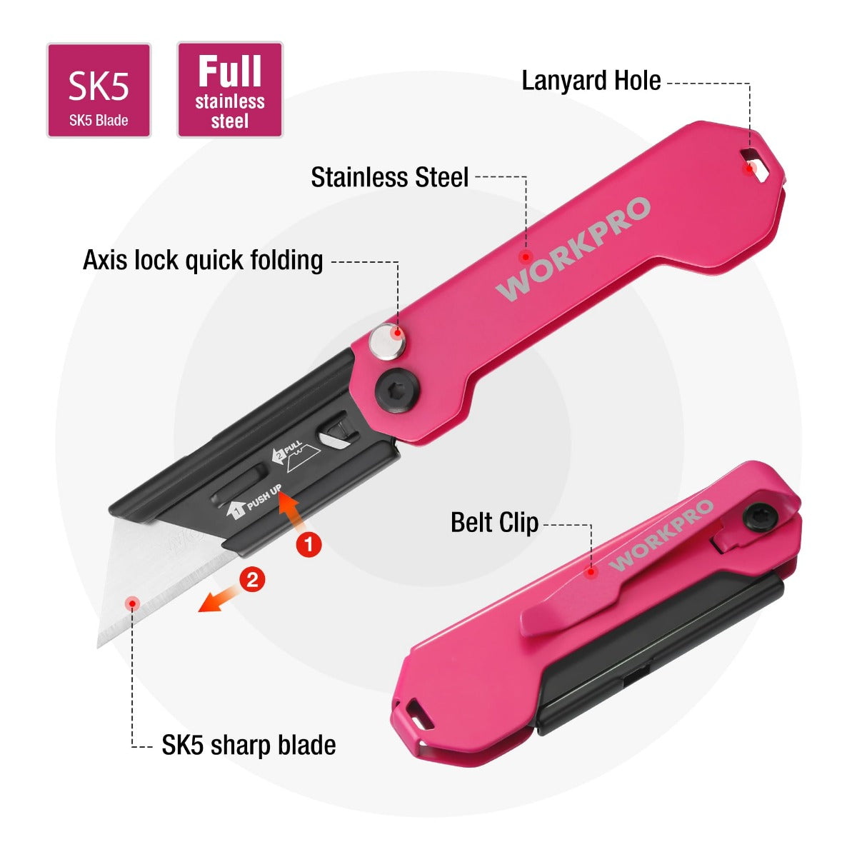 Pink folding utility knife with belt clip, lanyard hole, and axis lock mechanism