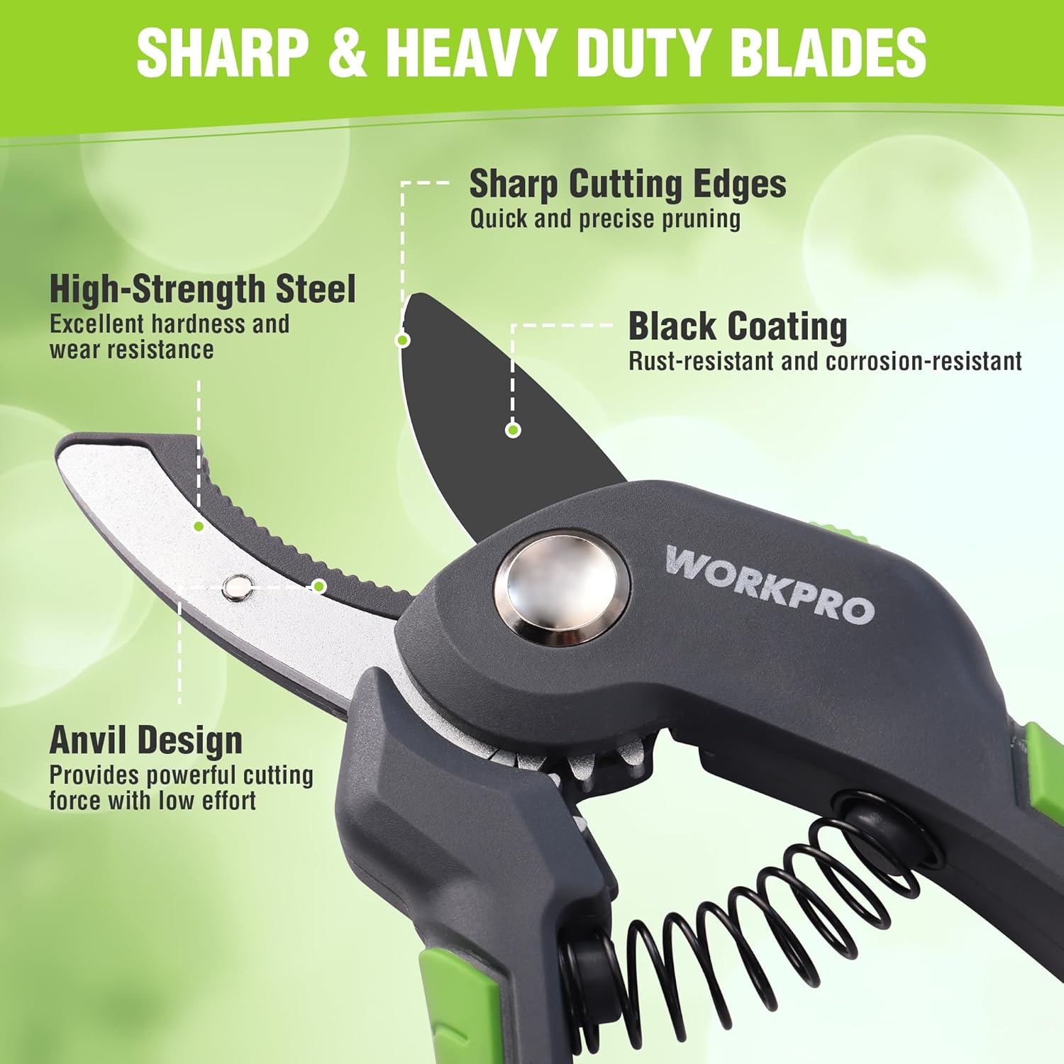 WORKPRO pruning shear with sharp heavy-duty steel blades and black rust-resistant coating