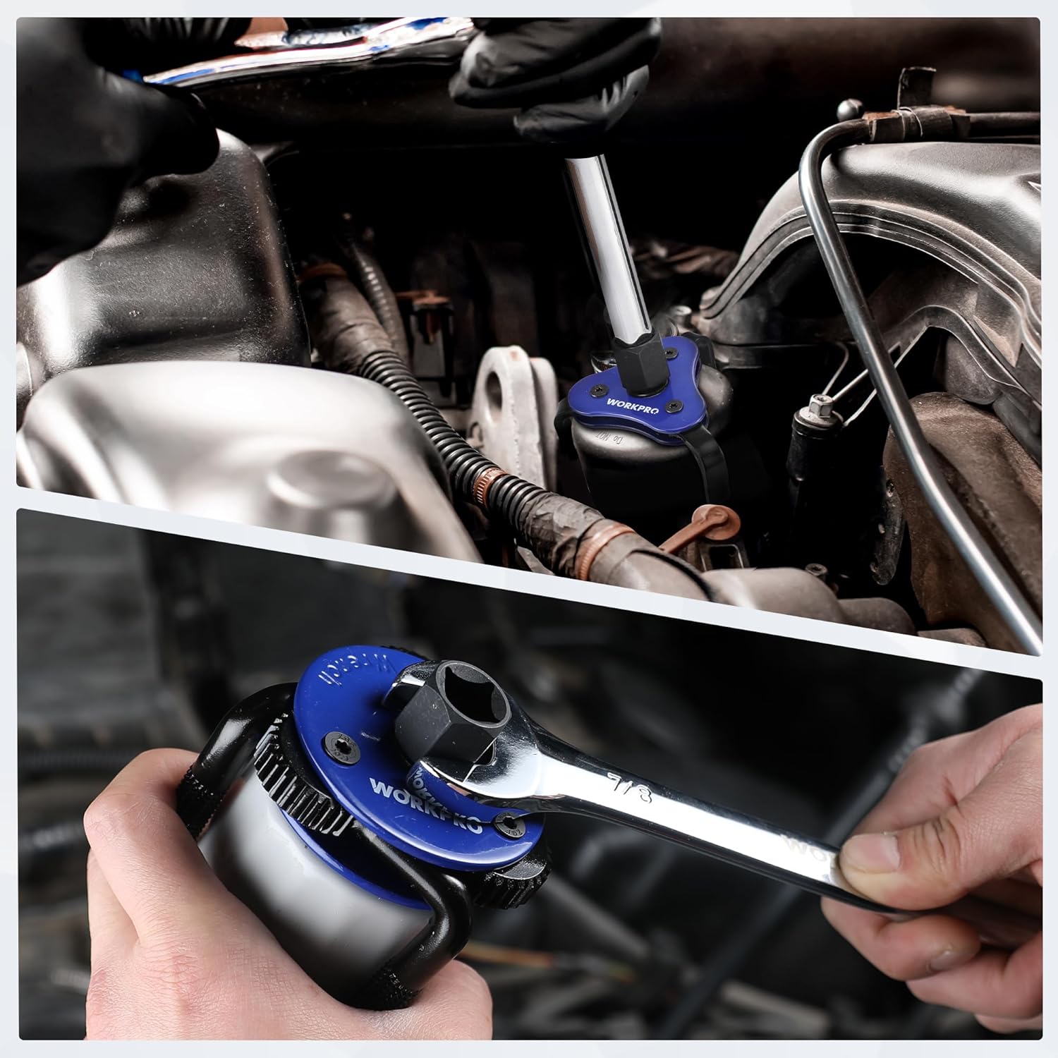 Adjustable oil filter wrench in use on an engine bay, held by a user’s hand
