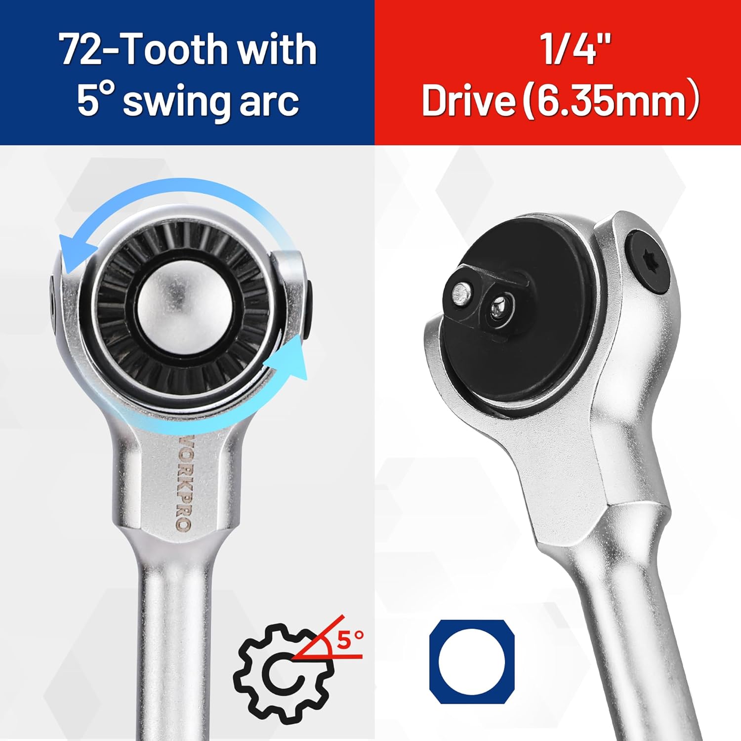 72-tooth 1/4-inch drive ratchet head with angled swing arc and black gear