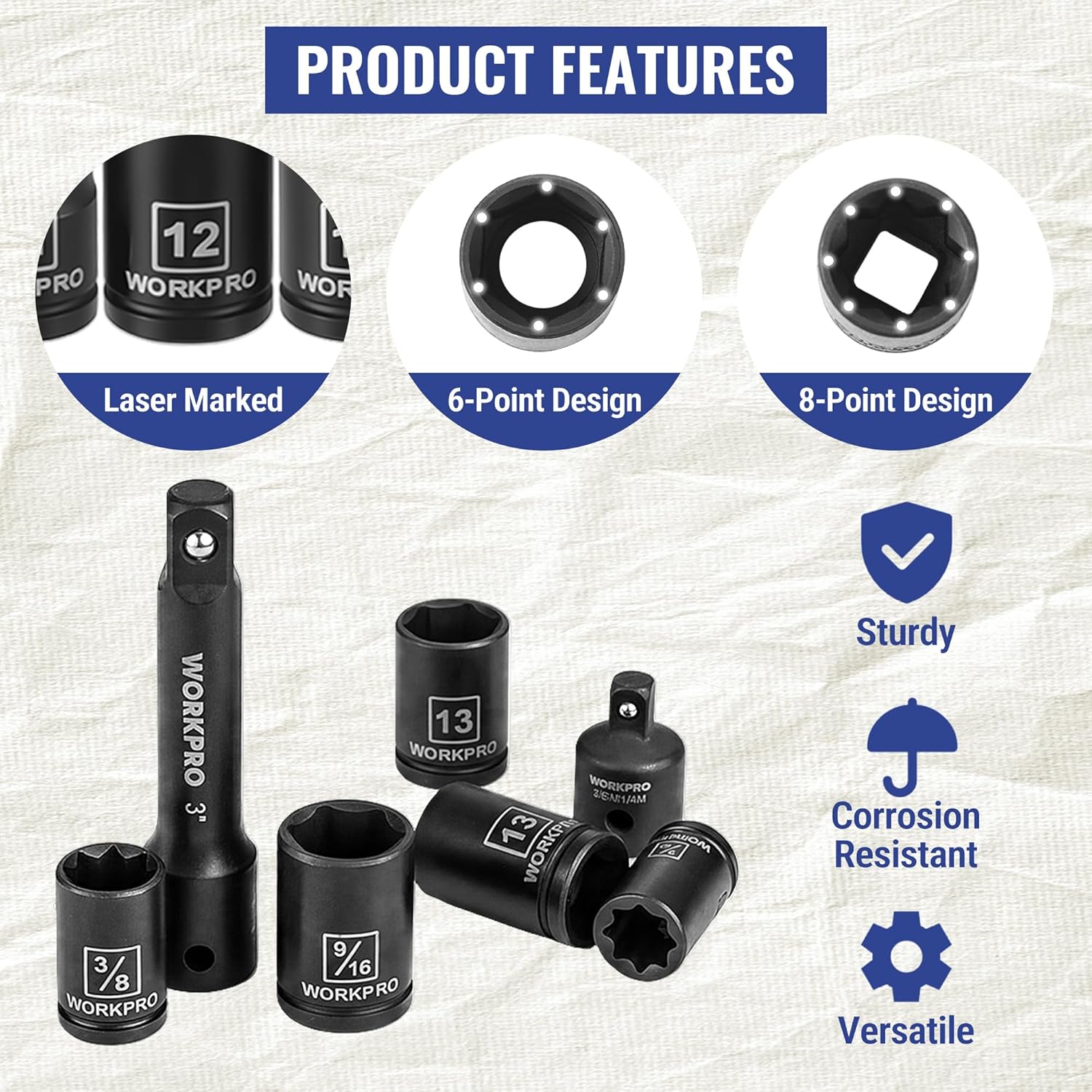 Black 6-point and 8-point sockets with 3/8 in drive adapters and extension pieces
