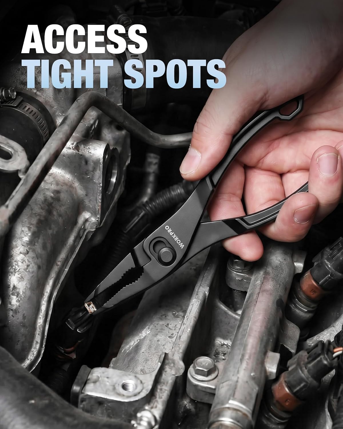 WORKPRO slip joint pliers reaching into a tight engine area