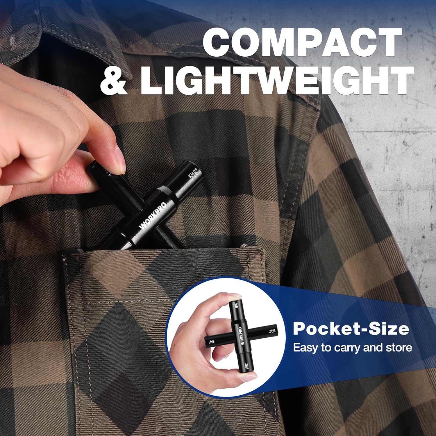 Black WORKPRO compact 4-in-1 universal valve wrench key, pocket-size