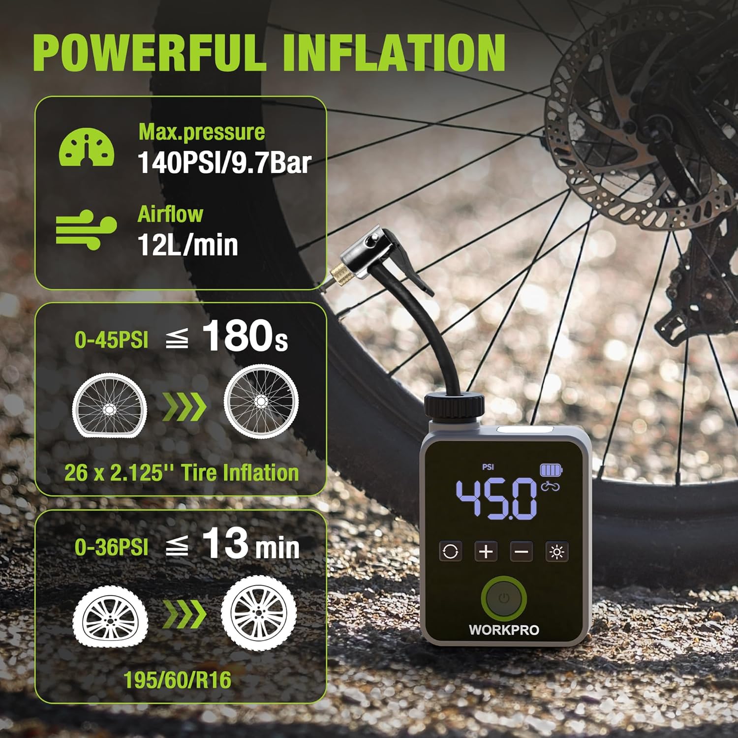 WORKPRO portable bike tire pump with digital screen reading 450 PSI, connected hose