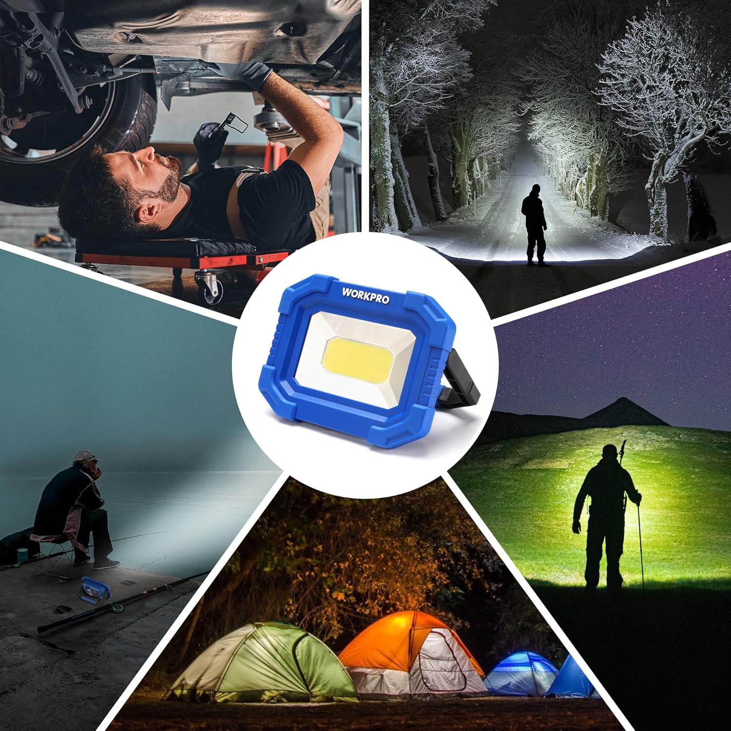 Blue portable LED work light with COB panel and integrated stand for task lighting.