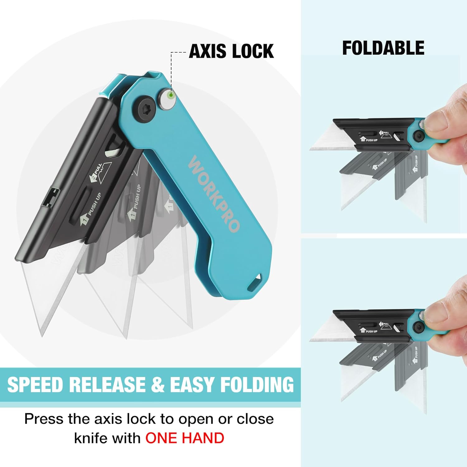 Turquoise foldable utility knife with axis lock and one-hand opening