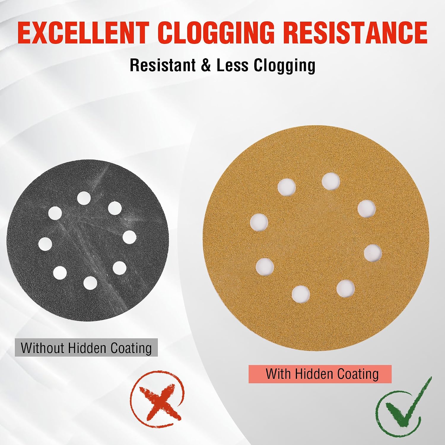 Gold hook-and-loop sanding disc with perforations demonstrating reduced clogging graphic