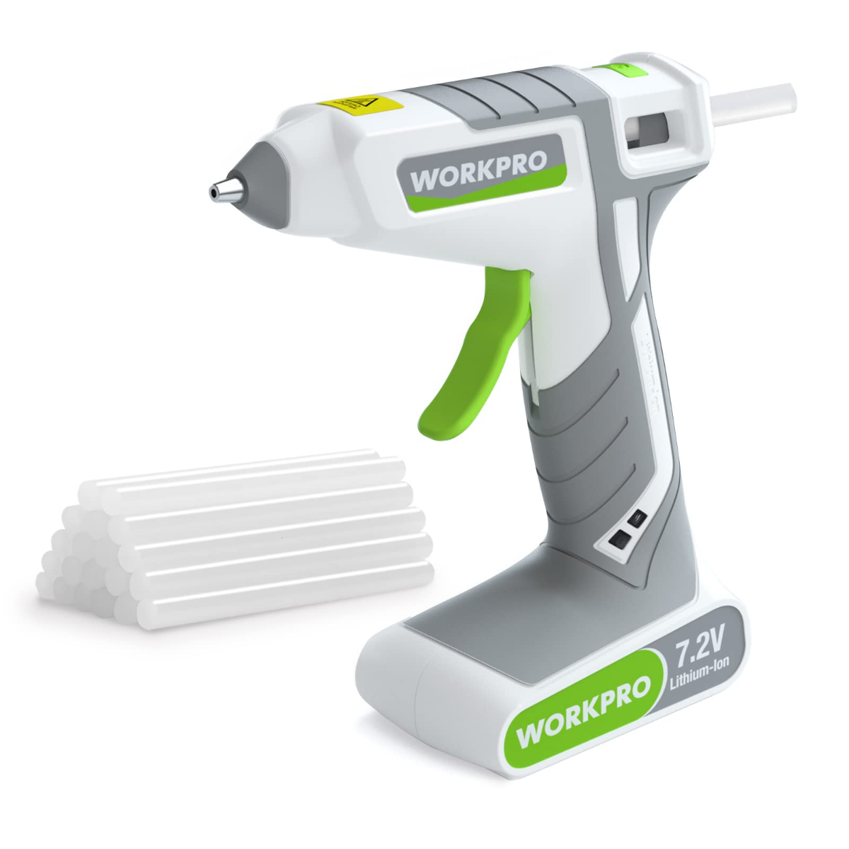 White cordless hot melt glue gun with green grip and stacked white glue sticks