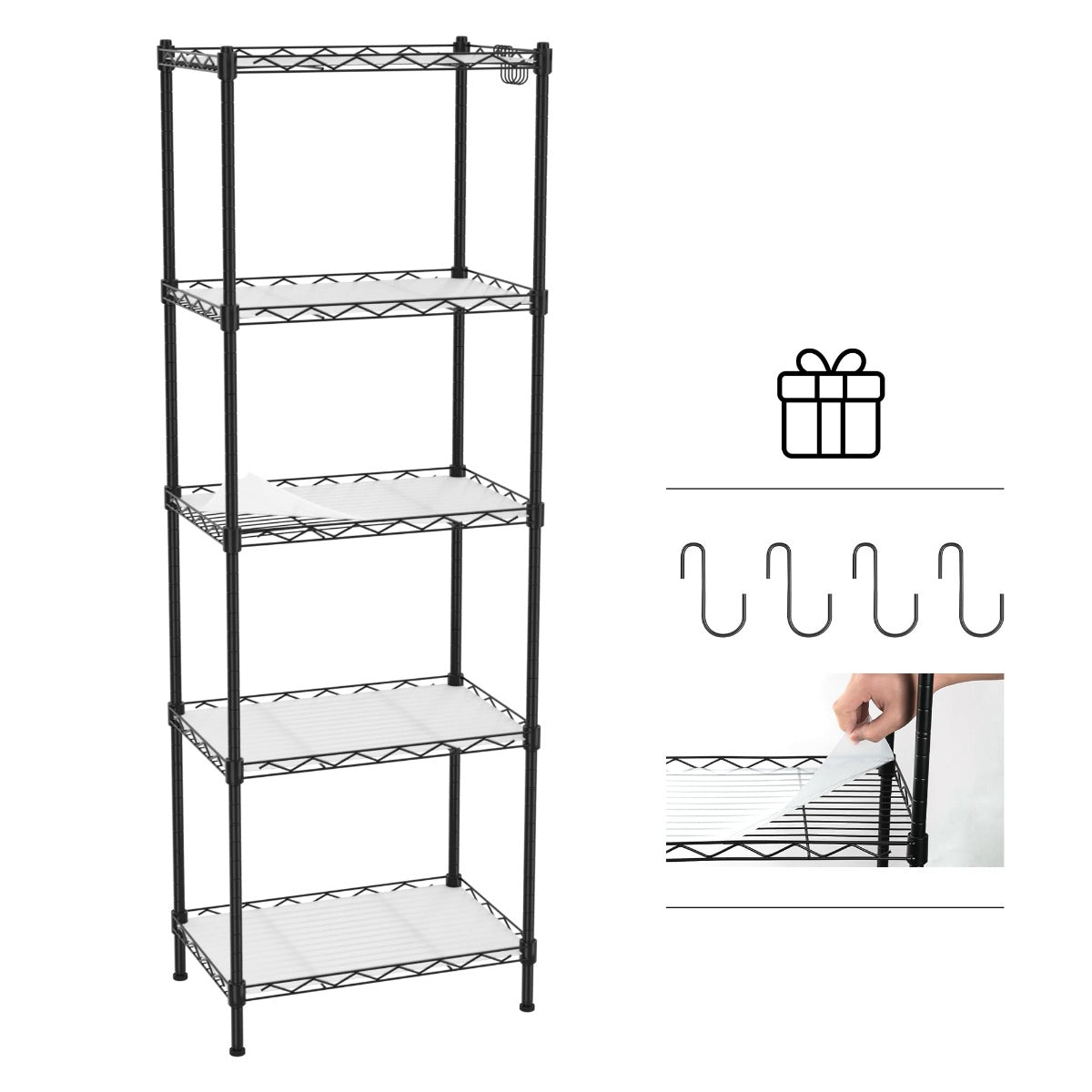 Black 5-tier metal shelving with included hooks and PP shelf liner inserts