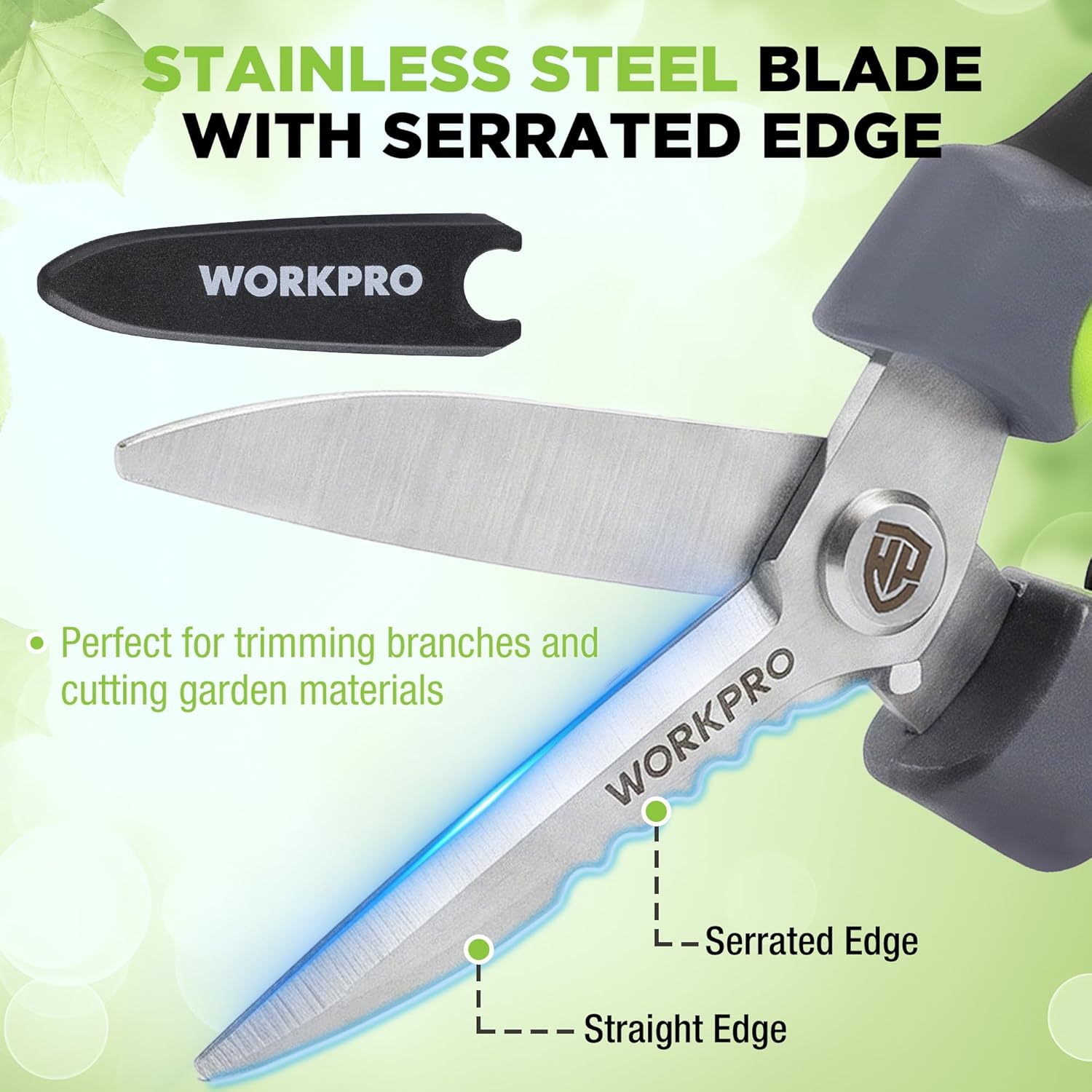 WORKPRO pruning shears with stainless blade and serrated edge, plus straight cutting edge