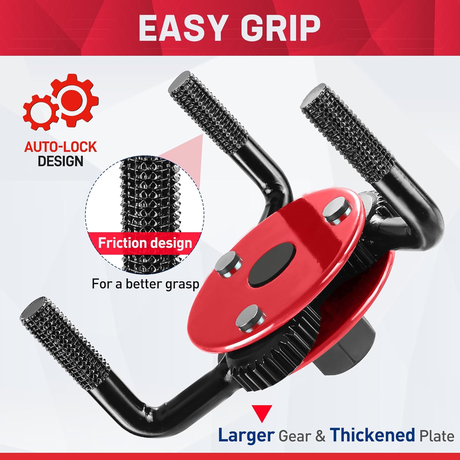 Red oil filter wrench with textured friction pads, auto-lock design, thicker plate