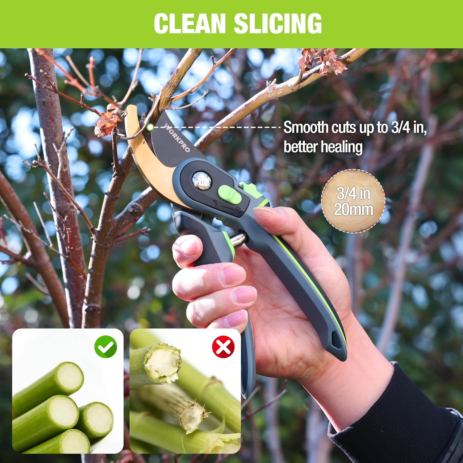 Pruning shears cutting tool with gold blade and black-and-green handle, held in hand