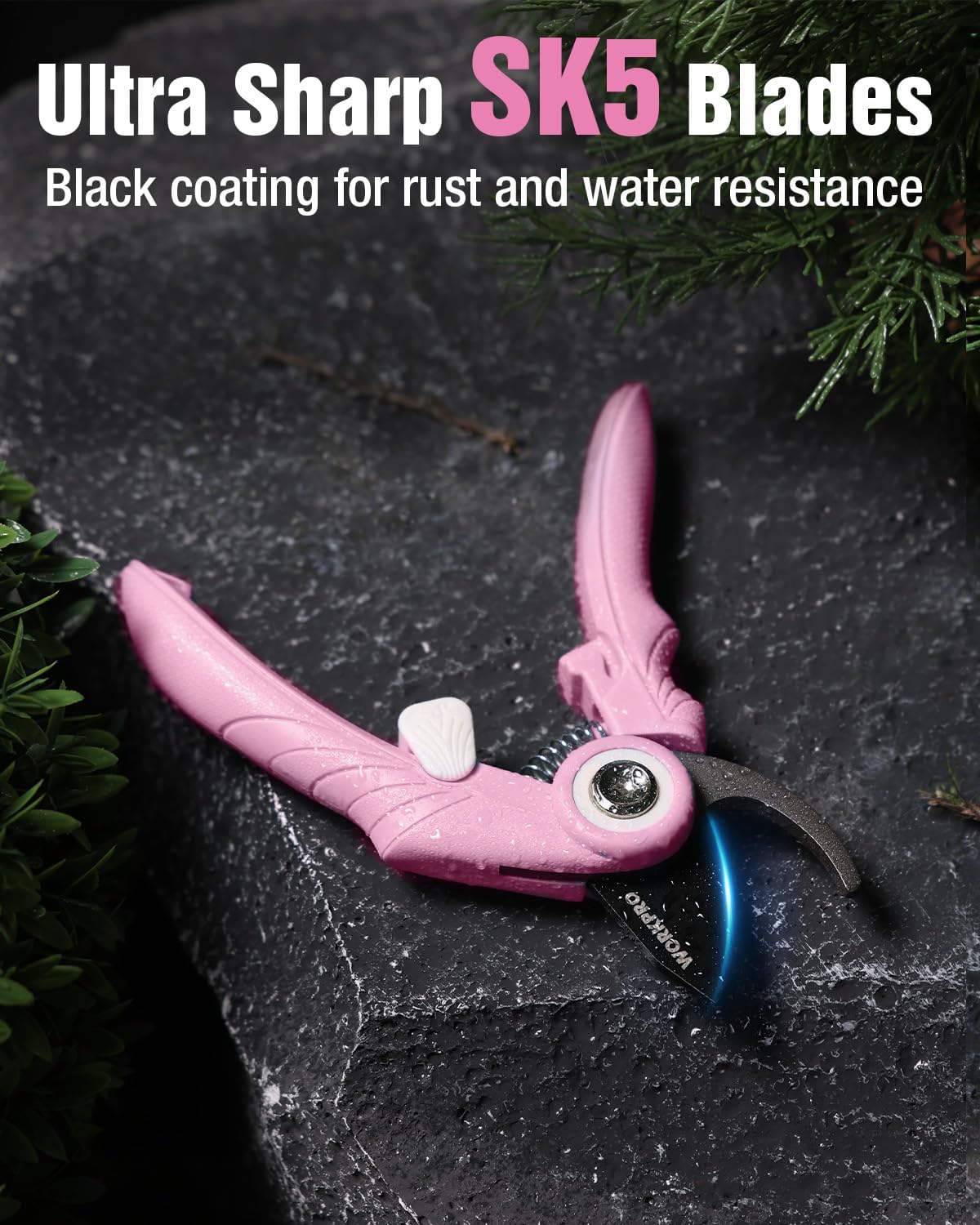 WORKPRO SK5 blade pruning shears with pink handles and black coated cutting blades