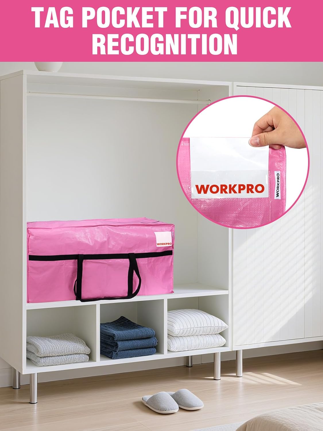 Pink storage bag with black side straps and a front tag pocket for labeling