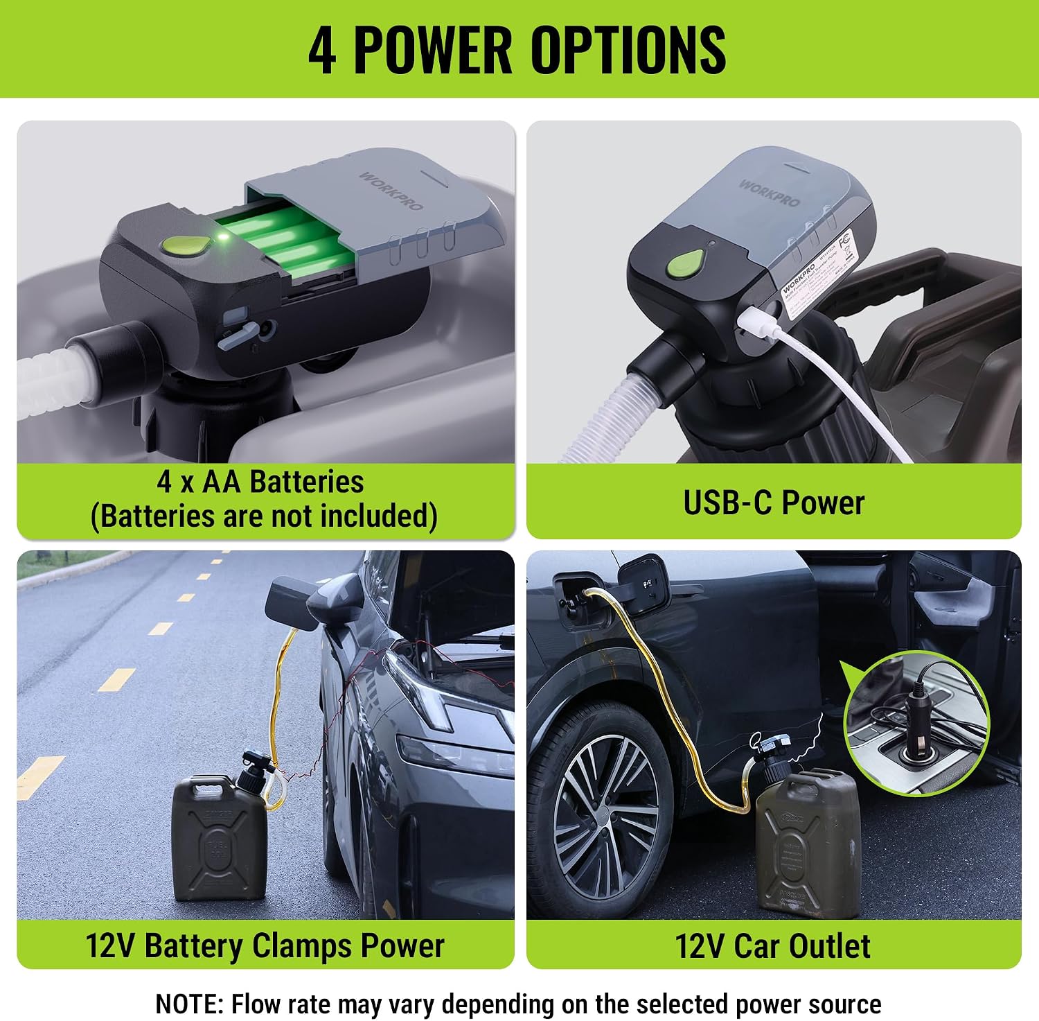 Electric fuel transfer pump showing four power options: AA, USB-C, and 12V hookups